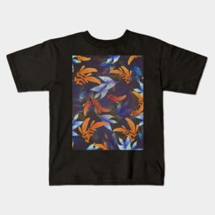 exotic orange and blue greenery plant pattern Kids T-Shirt